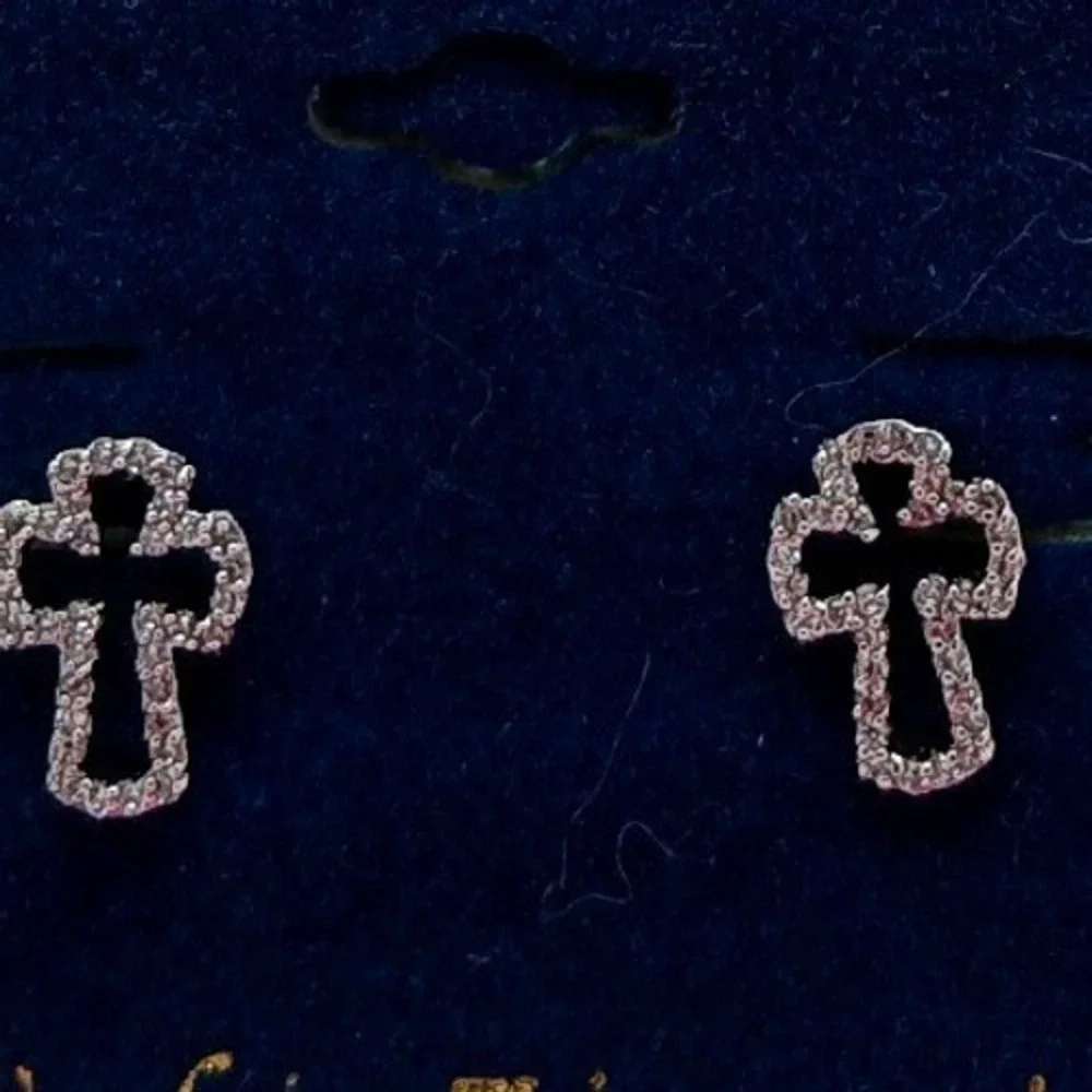Micro Pave Vintage 1990s Cubic Zirconia Cross Stud Earrings Silver Tone Rare New
